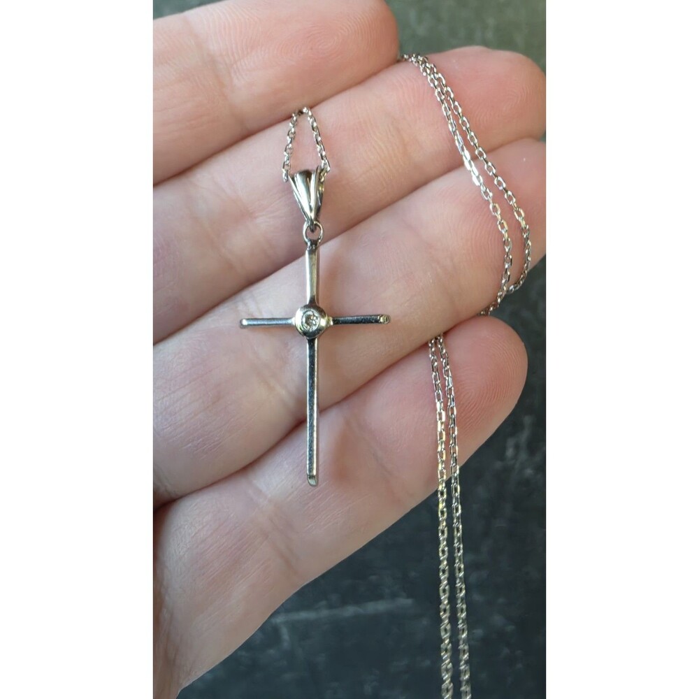 Italian 925 Sterling Silver CZ Accent Cross Pendant Necklace Vintage
